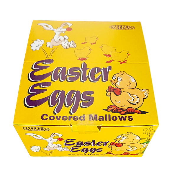 Bright yellow box labeled "Easter Eggs Covered Mallows" featuring a cartoon bunny and chick illustrations, perfect for Easter celebrations.