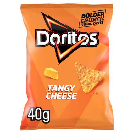 A vibrant orange Doritos bag labeled "Tangy Cheese," showcasing a cheese cube and a triangular chip, weighing 40g, Labeled 'Bolder Crunch'