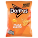 A vibrant orange Doritos bag labeled "Tangy Cheese," showcasing a cheese cube and a triangular chip, weighing 40g, Labeled 'Bolder Crunch'
