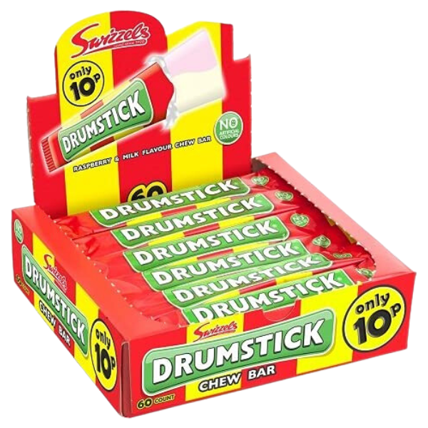 A colorful display box of Swizzels Drumstick chew bars, featuring raspberry and milk flavors