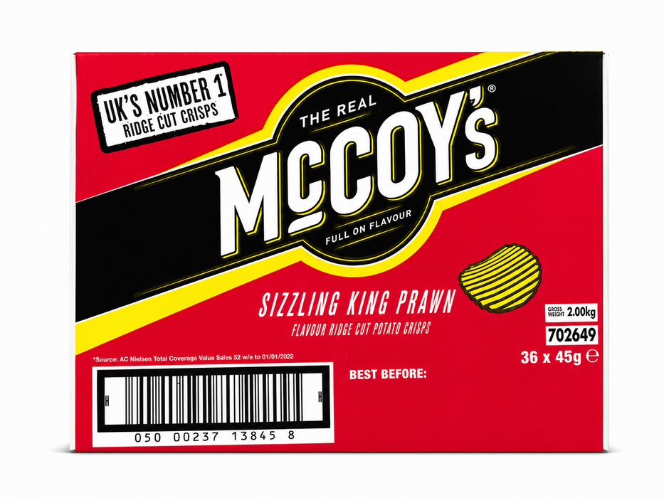McCoy's Sizzling King Prawn Ridge Cut Crisps – Bulk Box 36 x 45g