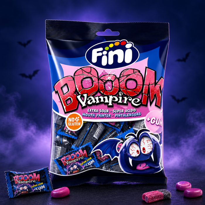 A bag of Fini Boom Vampire gummy candy is shown against a dark purple, smoky Halloween-themed background with bats. The packaging is predominantly black and blue with pink and red accents, and the brand logo 'Fini' is clearly visible at the top.