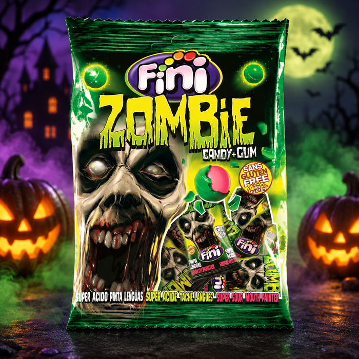 Fini Zombie candy bag with a Halloween background