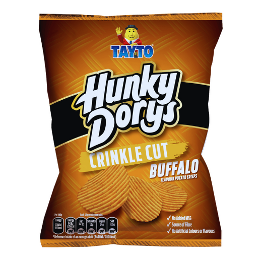 A bag of Hunky Dorys Crinkle Cut Buffalo flavor potato crisps, featuring a bold design with the product name prominently displayed.