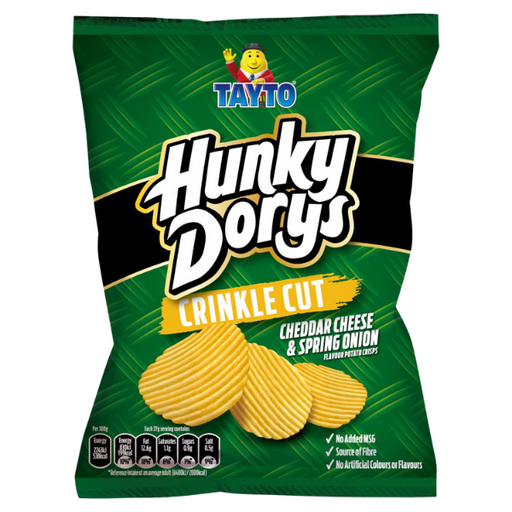 A bag of Hunky Dorys crinkle cut potato crisps featuring cheddar cheese and spring onion flavor. Green background with nutritional info.