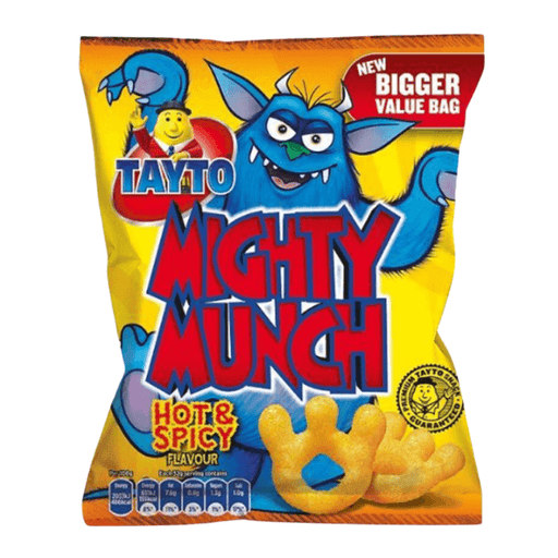 Bright yellow bag of Tayto Mighty Munch snacks with a blue cartoon monster and "Hot & Spicy" label, showcasing a fun and playful design.
