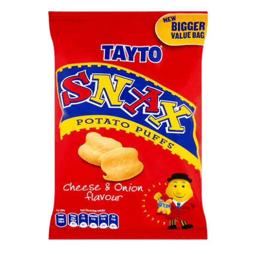 Tayto Snax Potato Puffs, cheese and onion flavor, in a bright red bag featuring a smiling mascot, labeled "New Bigger Value Bag."