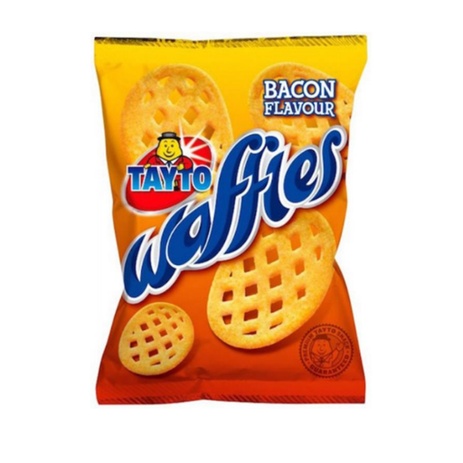 A brightly colored snack bag of Tayto Waffles featuring bacon flavor, showcasing circular, waffle-patterned crisps.