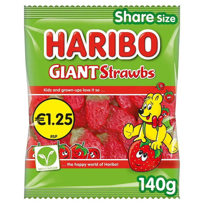 HARIBO Giant Strawbs Strawberry Flavour Chewy Jelly Sweets Sharing Bag 140g - NetCrisps