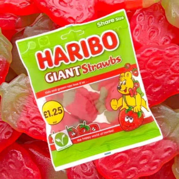 HARIBO Giant Strawbs Strawberry Flavour Chewy Jelly Sweets Sharing Bag 140g - NetCrisps