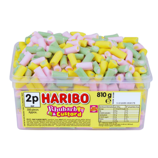 A clear container filled with colorful HARIBO Rhubarb & Custard sweets in pink, yellow, and green hues, approximately 300 pieces.
