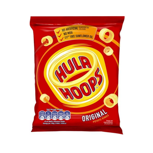A red bag of Hula Hoops Original potato rings, from the Hula Hoops brand, in a box of 32 packets (34g each), featuring the yellow logo and round snack images. Packaging notes “MSG free” and made with “100% sunflower oil.” Dated 26/07/25.