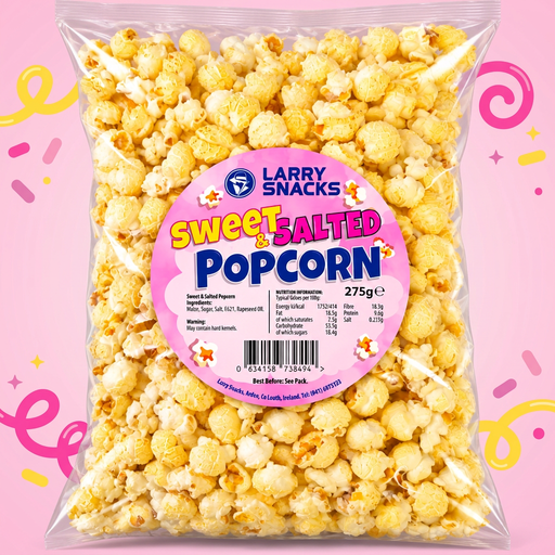 Larry Snacks Sweet & Salted Popcorn 275g bag on a playful pastel pink background with yellow and pink decorative accents