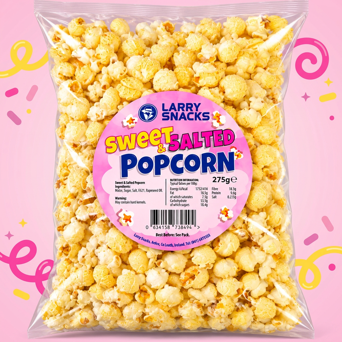 Larry Snacks Sweet & Salted Popcorn 275g bag on a playful pastel pink background with yellow and pink decorative accents