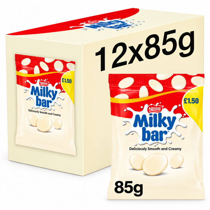 Nestlé Milkybar 12 x 85g case and pouch on a white background