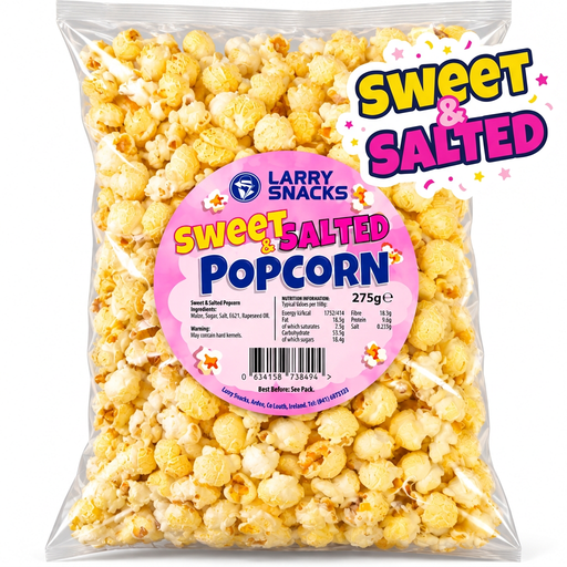 Larry Snacks Sweet & Salted Popcorn 275g bag with playful yellow and pink Sweet & Salted lettering