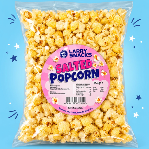 Larry Snacks Salted Popcorn 250g bag on a playful blue background