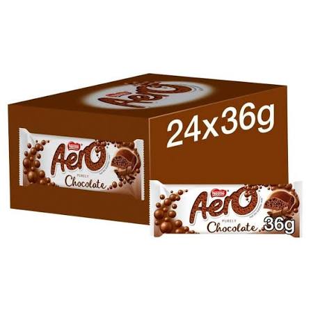 Box of Aero chocolate bars with a single bar displayed on a white background