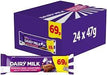 A box of Dairy Milk chocolate bar packs, 24 x 47g, in a purple packaging with a yellow price tag showing 69p, alongside a single wrapped Dairy Milk chocolate bar.