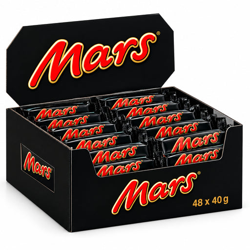 A black box of Mars chocolate bars, shown open with multiple individual Mars bars visible inside. The box and bars feature the iconic red and white Mars logo.