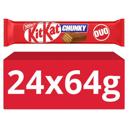 Nestle KitKat Chunky Duo chocolate bar pack shown above a large red box with white text reading 24x64g, on a white background.