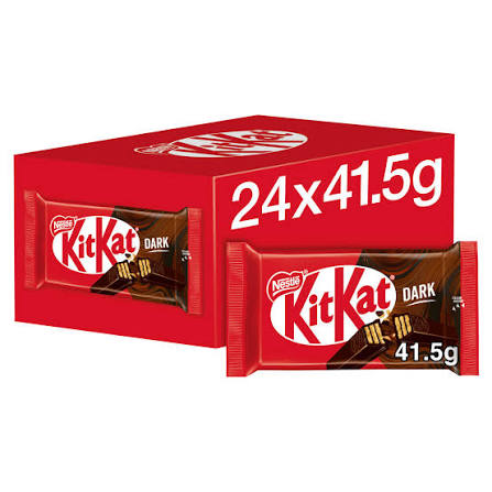 A red KitKat Dark chocolate box with a single KitKat bar in front, showing '24x41.5g' on the packaging against a white background.