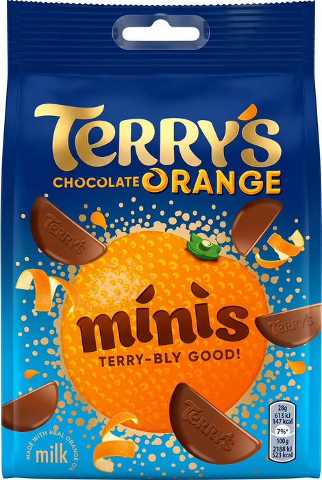 A bag of Terry's Chocolate Orange Minis milk chocolate candy, featuring a blue background with a large orange graphic and chocolate minis pieces.