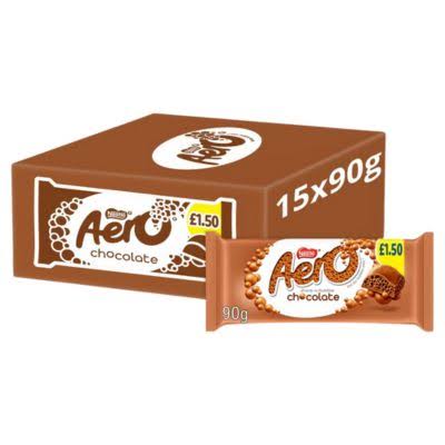 Box of Aero chocolate bars with a single bar on a white background