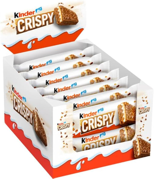 A display box filled with Kinder Crispy chocolate-covered biscuit sticks, shown on a plain white background. The packaging features white wrappers with orange and blue branding, and the display box has red and orange graphics.