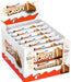 A display box filled with Kinder Crispy chocolate-covered biscuit sticks, shown on a plain white background. The packaging features white wrappers with orange and blue branding, and the display box has red and orange graphics.