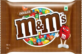 A 45g package of M&M's Chocolate candies, featuring the classic brown wrapper with the iconic M&M's logo and character.