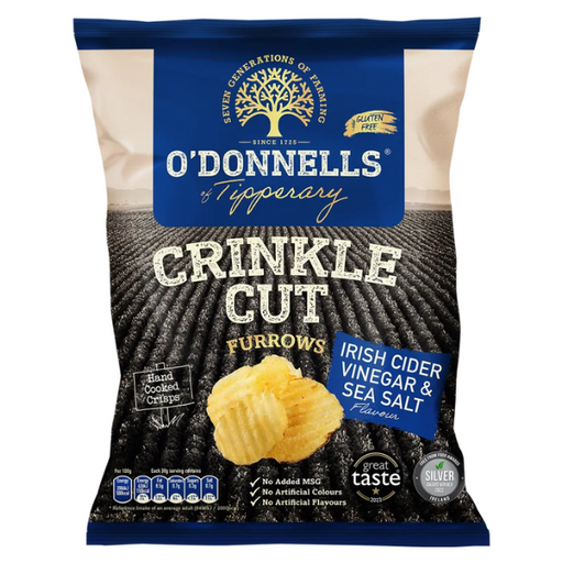 O’Donnells Crinkle Cut Furrows Irish Cider Vinegar & Sea Salt | Box of 32 Packets (44g) - Crisps
