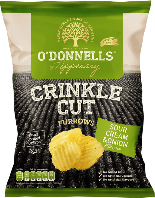 O'Donnells Crinkle Cut Furrows Sour Cream & Onion Crisps 12 x (125 g) - NetCrisps