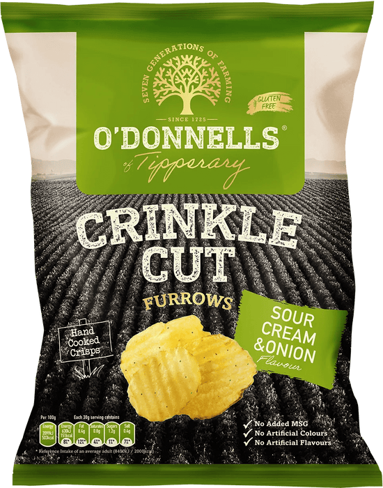 O'Donnells Crinkle Cut Furrows Sour Cream & Onion Crisps 12 x (125 g) - NetCrisps
