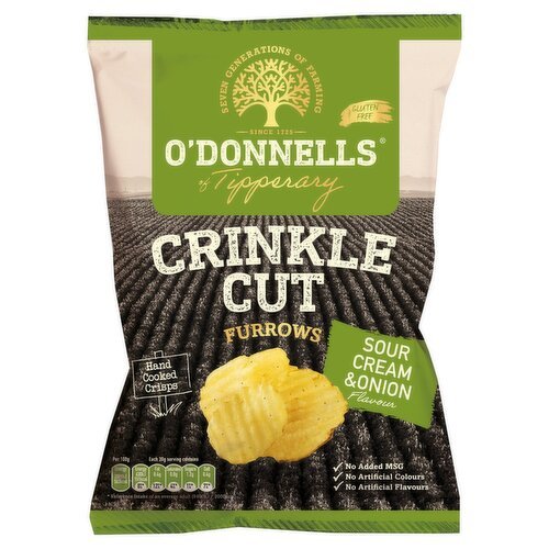 O'Donnells Crinkle Cut Furrows Sour Cream & Onion Crisps 12 x (125 g) - NetCrisps