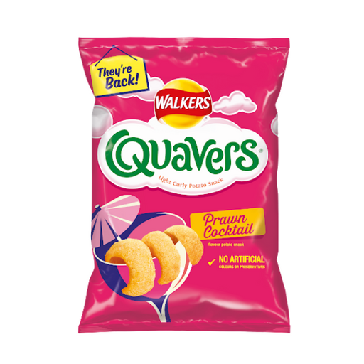 A pink bag of Walkers Quavers Prawn Cocktail flavor snacks featuring three curled potato crisps and text stating "They're Back!" and "No Artificial Colors or Preservatives.