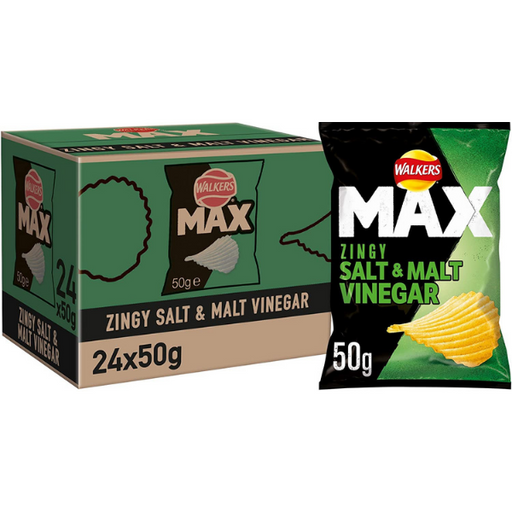 REDUCED Walkers Max Zingy Salt and Vinegar | Box of 24 Packets (50g) (17/5/25) - Crisps