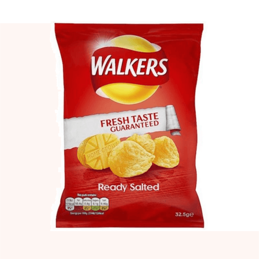 Walkers Ready Salted potato crisps, 32.5g per bag, come in a red packet featuring the logo at the top, crisp images in the center, and “Fresh Taste Guaranteed” below. Made with Sunseed oil and lower in saturates. Box of 32 packets.