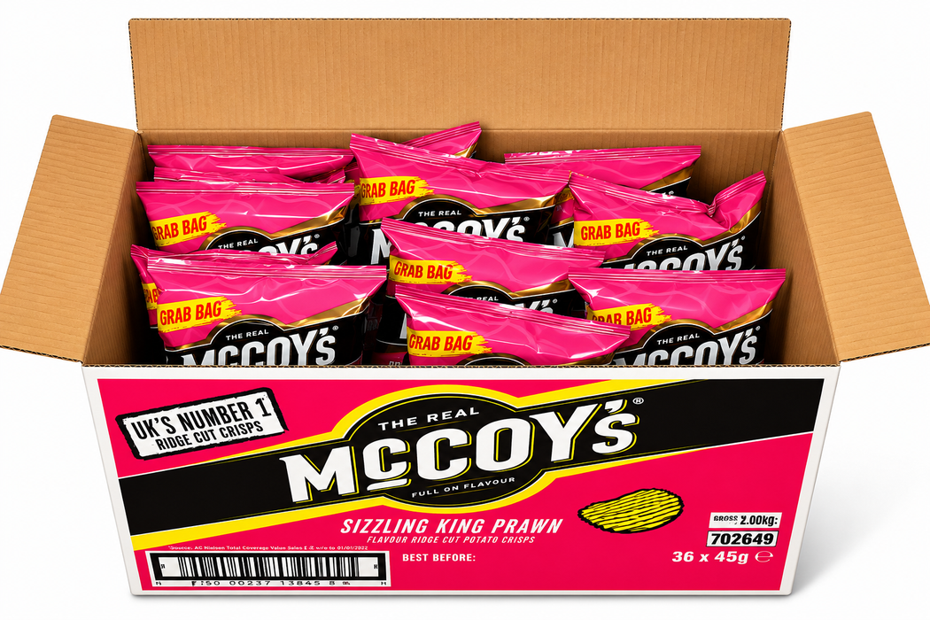Packaging of McCoy's Ridge Cut Sizzling King Prawn flavor potato crisps with pink background