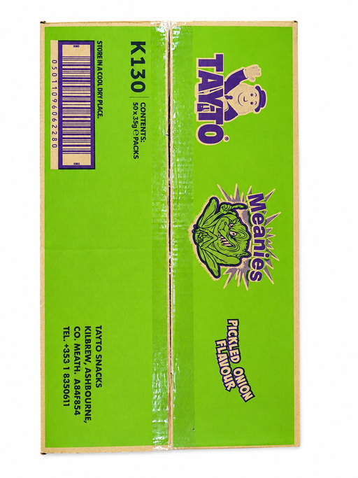 A green cardboard box for Tatyto Meemes Pickled Onion Flavourings, showing the front and back panels with a barcode, product code K130, and cartoon graphics.