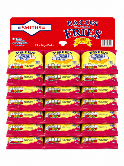 A bulk display of 24 packs of Smith's Bacon Flavored Fries, arranged in a grid on a red plastic hanger card.