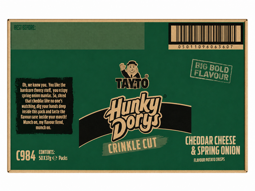 Hunky Dorys tuna can packaging with green background and visible branding.