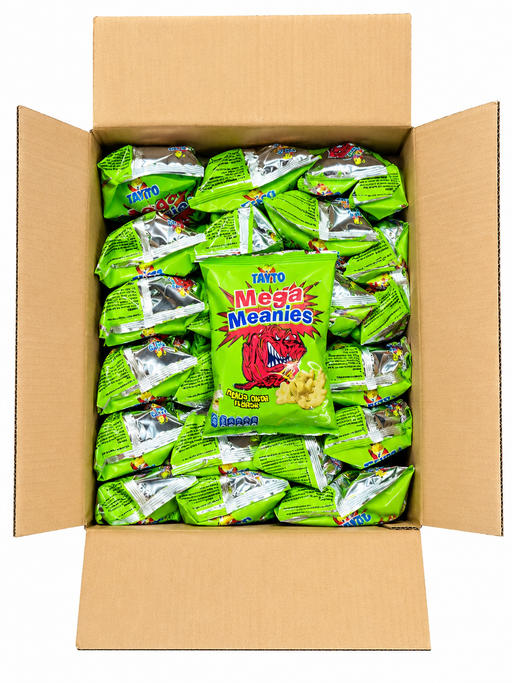 An open cardboard box filled with multiple bright green bags of Amino Mega Meanies potato chips on a white background.