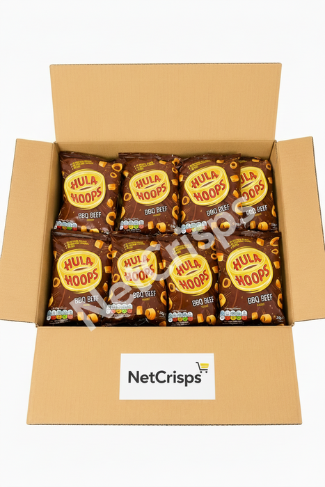 Box of Hula Hoops BBQ Beef flavored chips on a white background