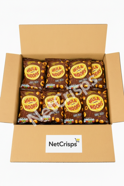 Box of Hula Hoops BBQ Beef flavored chips on a white background