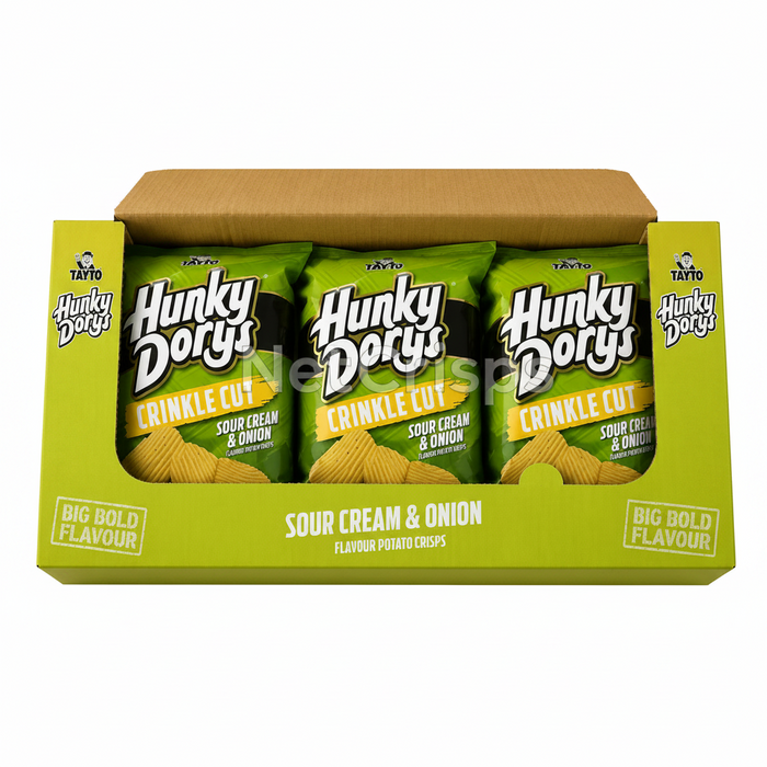 Packaging of Hunky Dorys Sour Cream & Onion crinkle cut potato chips.