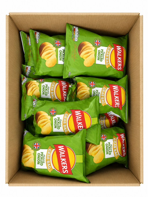Box of Walkers Crisps in green and red packaging.