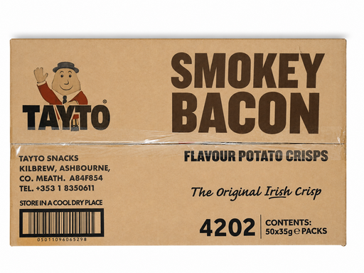 Cardboard box packaging for Tayto Smoky Bacon flavor potato crisps on a white background