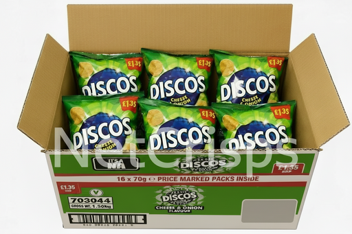 Box of Discos cheese and onion flavored chips with visible branding.