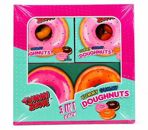 Yummi Zone 3-in-1 pack of gummy doughnuts in a bright pink and teal cardboard box, containing three assorted pairs of colorful gummy doughnuts.